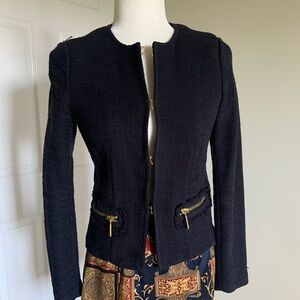 Michael Kors Blue Marine Blazer with Tailored Silhouette and Embellishments.